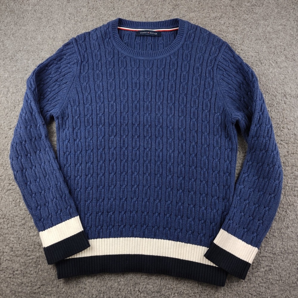 Tommy Hilfiger Cotton Sweater Womens Medium Cable Knit Blue Stripe Preppy EUC